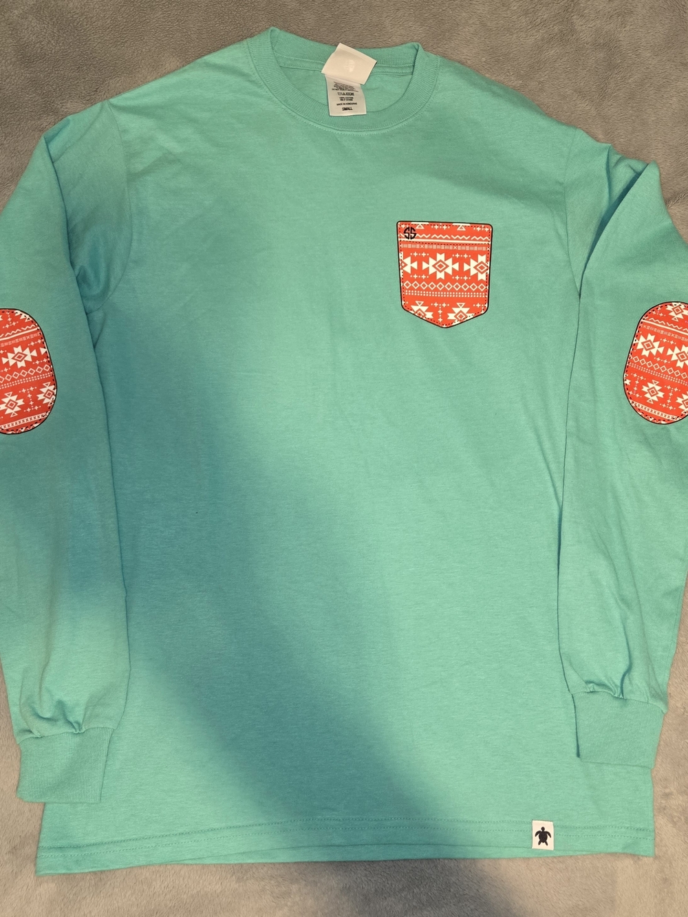 Simply Southern Turquoise Long-Sleeve Tee with Red Patterned Pocket SZ Small